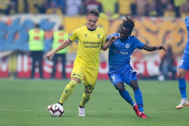 Brondby s Lasse Vigen Christensen and Genk s Dieumerci Ndongala fight for the ball during a soccer game between Belgian team KRC Genk and Danish club Brondby IF, Thursday 23 August 2018 in Genk, the first leg of the play off for the UEFA Europa League competition. BRUNOxFAHY  x05411596x