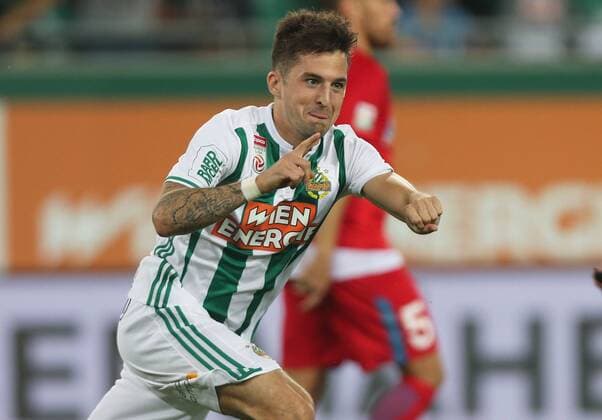 SOCCER - EL, qualification, Rapid vs Steaua VIENNA,AUSTRIA,23.AUG.18 - SOCCER - UEFA Europa League, qualification, play off, SK Rapid Wien vs Steaua Bukarest. Image shows the rejoicing of Christoph Knasmuellner (Rapid). Keywords: Wien Energie. GEPAxpictures xChristianxOrt