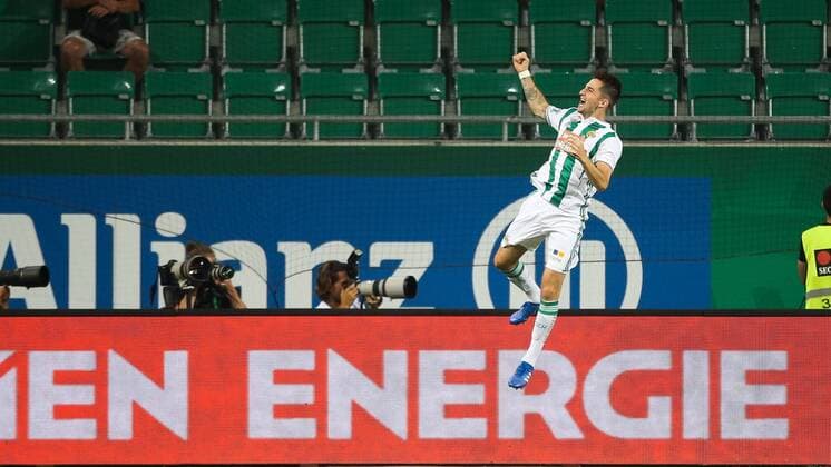 SOCCER - EL, qualification, Rapid vs Steaua VIENNA,AUSTRIA,23.AUG.18 - SOCCER - UEFA Europa League, qualification, play off, SK Rapid Wien vs Steaua Bukarest. Image shows the rejoicing of Christoph Knasmuellner (Rapid). Keywords: Wien Energie. GEPAxpictures xPhilippxBrem