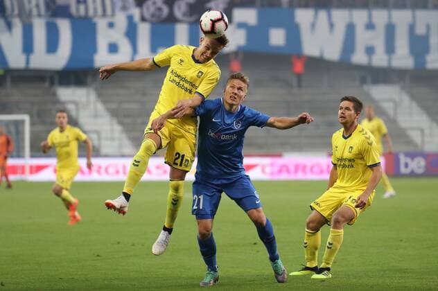 Brondby s Lasse Vigen Christensen and Genk s Jere Uronen fight for the ball during a soccer game between Belgian team KRC Genk and Danish club Brondby IF, Thursday 23 August 2018 in Genk, the first leg of the play off for the UEFA Europa League competition. VIRGINIExLEFOUR  x05411608x