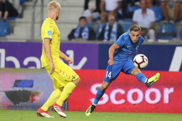 Genk s Leandro Trossard pictured in action during a soccer game between Belgian team KRC Genk and Danish club Brondby IF, Thursday 23 August 2018 in Genk, the first leg of the play off for the UEFA Europa League competition. BRUNOxFAHY  x05411621x