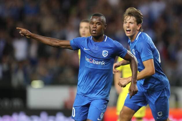 Genk s Aly Mbwana Samatta celebrates after scoring during a soccer game between Belgian team KRC Genk and Danish club Brondby IF, Thursday 23 August 2018 in Genk, the first leg of the play off for the UEFA Europa League competition. BRUNOxFAHY  x05411636x
