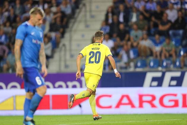 Brondby s Kamil Wilczek celebrates after scoring during a soccer game between Belgian team KRC Genk and Danish club Brondby IF, Thursday 23 August 2018 in Genk, the first leg of the play off for the UEFA Europa League competition. BRUNOxFAHY  x05411722x