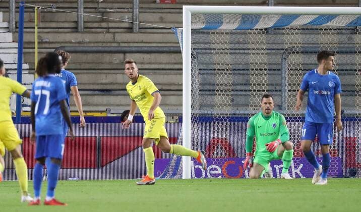 Brondby s Kamil Wilczek celebrates after scoring during a soccer game between Belgian team KRC Genk and Danish club Brondby IF, Thursday 23 August 2018 in Genk, the first leg of the play off for the UEFA Europa League competition. VIRGINIExLEFOUR  x05411724x