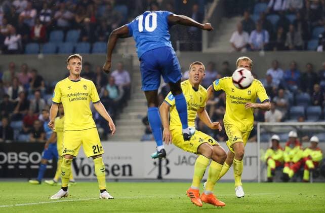 Genk s Aly Mbwana Samatta scoring the 3-2 goal during a soccer game between Belgian team KRC Genk and Danish club Brondby IF, Thursday 23 August 2018 in Genk, the first leg of the play off for the UEFA Europa League competition. VIRGINIExLEFOUR  x05411742x