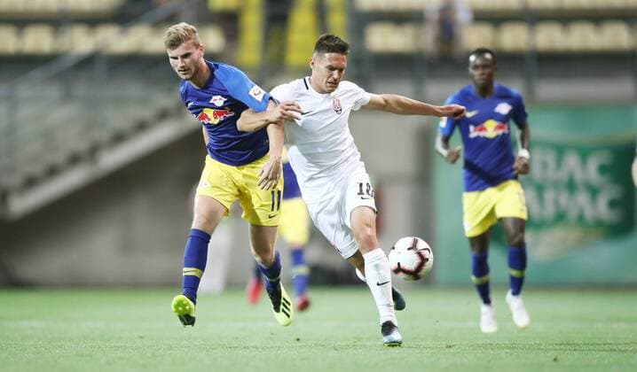 Luhansk RB Leipzig Soccer Euro League Qualifiers Zaporozhye Ukraine 23 08 2018 Slawutytsch Arena Soccer UEFA Europa League Qualification Playoff HIN FK Sorja Luhansk UKR vs RB Leipzig GER Pictured l l Timo Werner 11 RB Leipzig and Oleksandr Tymchyk 18 Luhansk