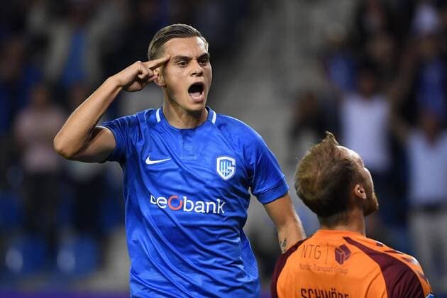 GENK, BELGIUM - AUGUST 23 : Leandro Trossard forward of Genk celebrates scoring a goal with teammates during the UEFA Europa League Play-Offs 1st Leg match between KRC Genk and Brondby IF on August 23, 2018 in Genk, Belgium, 23 08 2018 FOOTBALL : KRC Genk v Brondby IF - UEFA Europa League Play-Offs 1st Leg - 23 08 2018 PHOTONEWS PANORAMIC  775212206