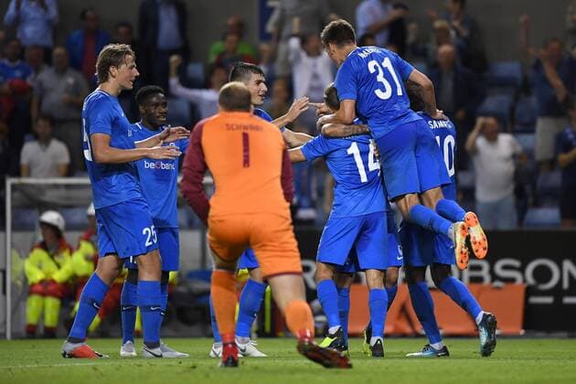 GENK, BELGIUM - AUGUST 23 : Leandro Trossard forward of Genk celebrates scoring a goal with teammates during the UEFA Europa League Play-Offs 1st Leg match between KRC Genk and Brondby IF on August 23, 2018 in Genk, Belgium, 23 08 2018 FOOTBALL : KRC Genk v Brondby IF - UEFA Europa League Play-Offs 1st Leg - 23 08 2018 PHOTONEWS PANORAMIC  775212206