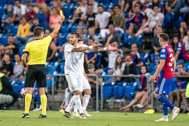 Soccer Europa League Play offs 18 19 FC Basel 1893 Apollon Limassol 23 08 2018 Yellow card for Charalampos Kyriakou Apollon Limassol 25 at Europa League Playoff match between FC Basel 1893 and Apollon Limassol on Thursday 23 August 2018 at St Jakob Park in Basel xGRGx