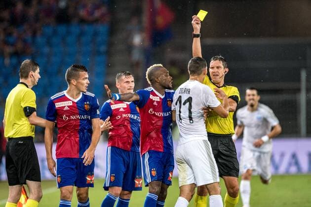 Soccer Europa League Play offs 18 19 FC Basel 1893 Apollon Limassol 23 08 2018 Yellow card for Emilio Zelaya Apollon Limassol 11 at Europa League Playoff match between FC Basel 1893 and Apollon Limassol on Thursday 23 August 2018 at St Jakob Park in Basel xGRGx
