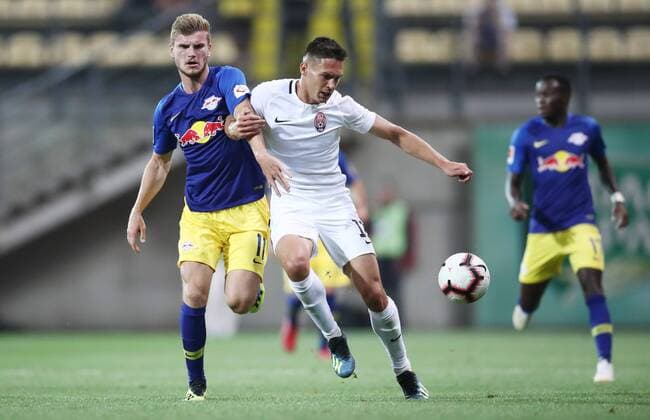 Luhansk RB Leipzig Soccer Euro League Qualifiers Zaporozhye Ukraine 23 08 2018 Slawutytsch Arena Soccer UEFA Europa League Qualification Playoff HIN FK Sorja Luhansk UKR vs RB Leipzig GER 0 0 picture v l Timo Werner 11 RB Leipzig and Oleksandr Tymchyk 18 Luhansk
