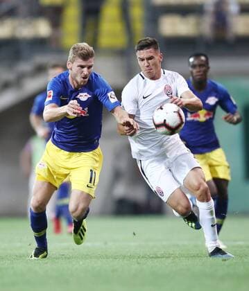 Luhansk RB Leipzig Soccer Euro League Qualifiers Zaporozhye Ukraine 23 08 2018 Slawutytsch Arena Soccer UEFA Europa League Qualification Playoff HIN FK Sorja Luhansk UKR vs RB Leipzig GER 0 0 picture v l Timo Werner 11 RB Leipzig and Oleksandr Tymchyk 18 Luhansk