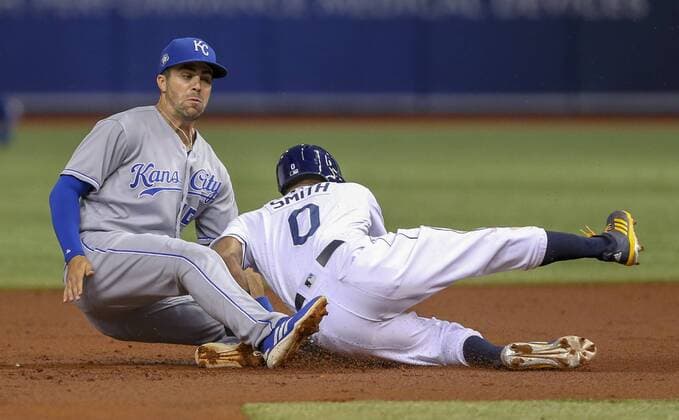 August 23, 2018 - St. Petersburg, Florida, U.S. - CHRIS URSO Times.Tampa Bay Rays center fielder Mallex Smith (0) collides with Kansas City Royals second baseman Whit Merrifield (15) as Mallex safely steals second base during the first inning Thursday, Aug. 23, 2018 in St. Petersburg. Florida News - August 23, 2018 - ZUMAs70_ 85099691st Copyright: xChrisxUrsox