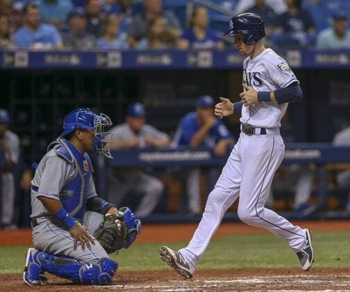 August 23, 2018 - St. Petersburg, Florida, U.S. - CHRIS URSO Times.Tampa Bay Rays third baseman Matt Duffy (5) scores on a single by Tampa Bay Rays second baseman Joey Wendle (18) to tie the game at 1 against the Kansas City Royals Thursday, Aug. 23, 2018 in St. Petersburg. Florida News - August 23, 2018 - ZUMAs70_ 85099697st Copyright: xChrisxUrsox