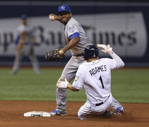 August 23, 2018 - St. Petersburg, Florida, U.S. - CHRIS URSO Times.Kansas City Royals shortstop Alcides Escobar (2) prepares to throw the ball to first as Tampa Bay Rays shortstop Willy Adames (1) slides into second base on a double play attempt in the seventh inning Thursday, Aug. 23, 2018 in St. Petersburg. After a review of the play it was ruled that Adames interfered with Escobar s throw and both Adames and Tampa Bay Rays center fielder Kevin Kiermaier (39) were out on the play ending the inning. Florida News - August 23, 2018 - ZUMAs70_ 85099789st Copyright: xChrisxUrsox