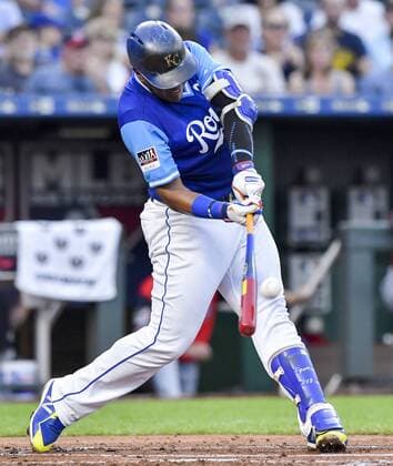 August 24, 2018 - Kansas City, MO, USA - The Kansas City Royals Salvador Perez connects on a three-run home run in the first inning against the Cleveland Indians on Friday, Aug. 24, 2018, at Kauffman Stadium in Kansas City, Mo. Cleveland at Kansas City - ZUMAm67_ 20180824_zaf_m67_024 Copyright: xJohnxSleezerx