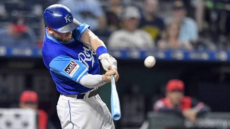 August 24, 2018 - Kansas City, MO, USA - The Kansas City Royals Hunter Dozier connects on a walk-off home run in the ninth inning against the Cleveland Indians on Friday, Aug. 24, 2018, at Kauffman Stadium in Kansas City, Mo. The Royals won, 5-4. Cleveland at Kansas City - ZUMAm67_ 20180824_zaf_m67_085 Copyright: xJohnxSleezerx