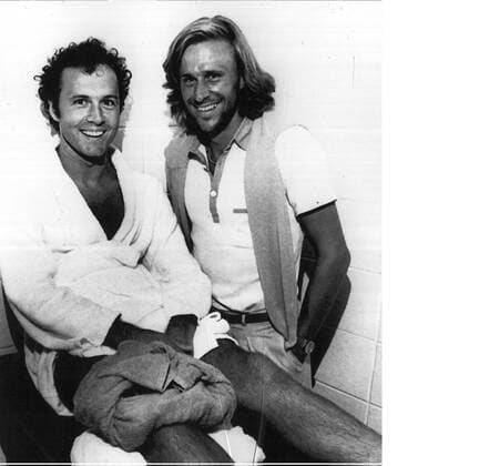 EAST RUTHERFORD ---- BJORN BORG CONGRATULATES COSMOS MITFIELDER FRANZ BECKENBAUER AFTER COSMOS DEFEATED TULSA ROUGHNECKS AT GIANTS STADIUM 26 08 TO ADVANCE TO THE FINAL ROUND OF NASL NATIONAL CONFERENCE PLAYOFFS. COSMOS WON, 3-0, 3-1. .JEP WST BELGA  x85105088stx