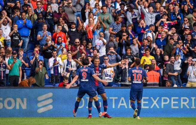 But de Kylian Mbappe ( PSG ) - Joie de Edinson Cavani ( PSG ) - Neymar Jr ( PSG ) FOOTBALL : Paris Saint Germain vs Angers SCO - Ligue 1 - Paris - 25 08 2018 FedericoPestellini Panoramic 