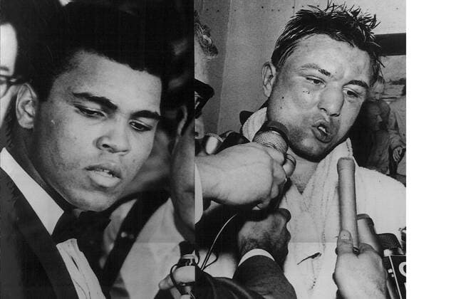 NO PLACE ---- CASSIUS CLAY AND GEORGE AFTER THE FIGHT - CASSIUS CLAY IS PICTURED DRESSED IN A TUXEDO AFTER HIS 15 ROUND FIGHT WITH CANADIAN GEORGE CHUVALO (RIGHT). CLAY WON A UNANIMOUSS DECISION OVER THE CANADIAN CHAMPION IN A FIGHT DESCRIBED AS THE BEST WORLD HEAVYWEIGHT TITLE FIGHT SINCE MARCIANO AND CHARLES BATTLED IN 1954. .JEP WST BELGA.  x85129290stx