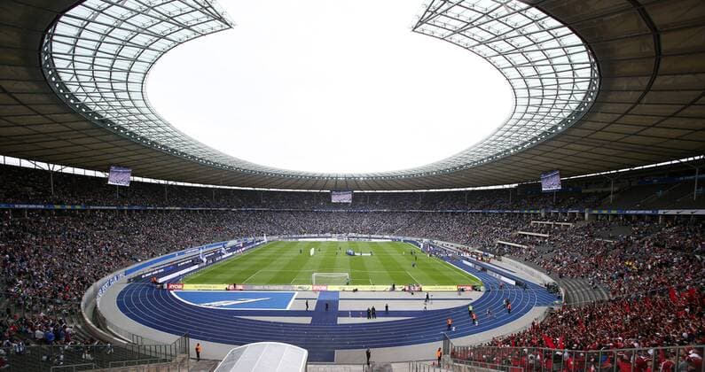 Olympic Stadium Sports Venue Overview before the start of the match Total Time Soccer Football DFL Bundesliga Season 2018 2019 25 08 2018 Hertha BSC Berlin vs 1 FC Nuremberg FCN DFL regulations prohibit any use of photographs as image sequences and or video