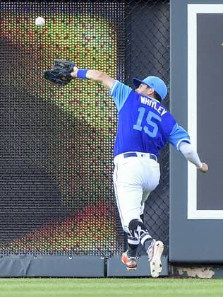 August 25, 2018 - Kansas City, MO, USA - Kansas City Royals center fielder Whit Merrifield runs down a fly ball out on Cleveland Indians Greg Allen in the third inning on Saturday, Aug. 25, 2018 at Kauffman Stadium in Kansas City, Mo. Cleveland Indians vs. Kansas City Royals - ZUMAm67_ 20180825_zaf_m67_027 Copyright: xJohnxSleezerx