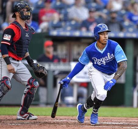 August 25, 2018 - Kansas City, MO, USA - Kansas City Royals Adalberto Mondesi follows through on a single in the third inning against the Cleveland Indians on Saturday, Aug. 25, 2018 at Kauffman Stadium in Kansas City, Mo. Cleveland Indians vs. Kansas City Royals - ZUMAm67_ 20180825_zaf_m67_025 Copyright: xJohnxSleezerx