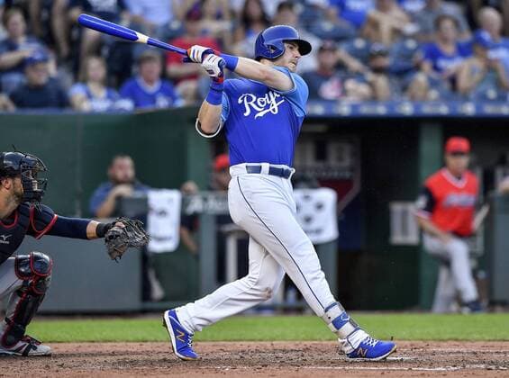 August 25, 2018 - Kansas City, MO, USA - Kansas City Royals Ryan O Hearn follows through on a two-run double in the fourth inning against the Cleveland Indians on Saturday, Aug. 25, 2018 at Kauffman Stadium in Kansas City, Mo. Cleveland Indians vs. Kansas City Royals - ZUMAm67_ 20180825_zaf_m67_029 Copyright: xJohnxSleezerx