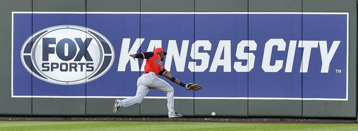 August 25, 2018 - Kansas City, MO, USA - Cleveland Indians center fielder Greg Allen misses a double by Kansas City Royals Salvador Perez in the fourth inning on Saturday, Aug. 25, 2018 at Kauffman Stadium in Kansas City, Mo. Cleveland Indians vs. Kansas City Royals - ZUMAm67_ 20180825_zaf_m67_031 Copyright: xJohnxSleezerx
