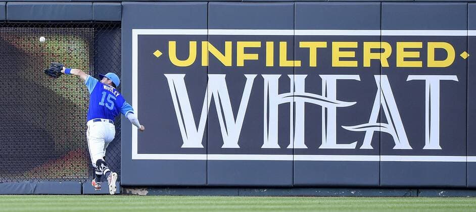 August 25, 2018 - Kansas City, MO, USA - Kansas City Royals center fielder Whit Merrifield runs down a fly ball out on Cleveland Indians Greg Allen in the third inning on Saturday, Aug. 25, 2018 at Kauffman Stadium in Kansas City, Mo. Cleveland Indians vs. Kansas City Royals - ZUMAm67_ 20180825_zaf_m67_023 Copyright: xJohnxSleezerx
