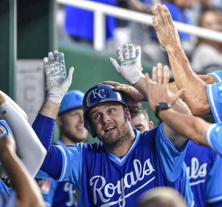 August 25, 2018 - Kansas City, MO, USA - Kansas City Royals Lucas Duda is congratulated after hitting a solo home run in the sixth inning against the Cleveland Indians on Saturday, Aug. 25, 2018 at Kauffman Stadium in Kansas City, Mo. Cleveland Indians vs. Kansas City Royals - ZUMAm67_ 20180825_zaf_m67_062 Copyright: xJohnxSleezerx