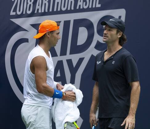 Rafael Nadal practice at 2018 US Open Rafael Nadal & coach Carlos Moya discuss practice at US Open Tennis championship at USTA Billie Jean King National Tennis Center New York New York United States USTA Billie Jean King National T  LevxRadin PacificxPress