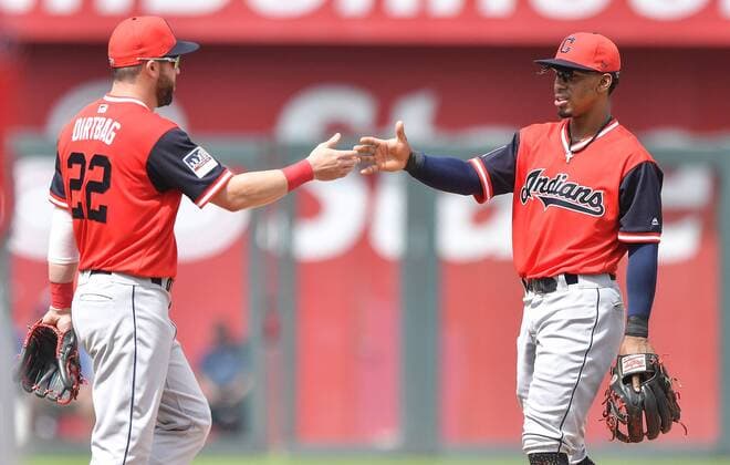 August 26, 2018 - Kansas City, MO, USA - Cleveland Indians second baseman Jason Kipnis, left, and shortstop Francisco Lindor celebrate completing a double play in the fifth inning against the Kansas City Royals on Sunday, Aug. 26, 2018, at Kauffman Stadium in Kansas City, Mo. Cleveland at Kansas City - ZUMAm67_ 20180826_zaf_m67_004 Copyright: xJohnxSleezerx
