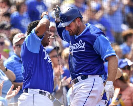August 26, 2018 - Kansas City, MO, USA - The Kansas City Royals Lucas Duda, right, is congratulated by Salvador Perez after Duda s two-run home run in the sixth inning against the Cleveland Indians on Sunday, Aug. 26, 2018, at Kauffman Stadium in Kansas City, Mo. Cleveland at Kansas City - ZUMAm67_ 20180826_zaf_m67_014 Copyright: xJohnxSleezerx
