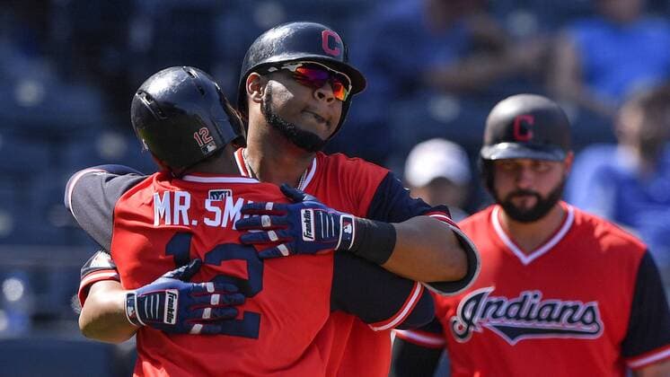 August 26, 2018 - Kansas City, MO, USA - The Cleveland Indians Edwin Encarnacion is congratulated by Francisco Lindor (12) after Encarnacion hit a two-run home run in the eighth inning against the Kansas City Royals on Sunday, Aug. 26, 2018, at Kauffman Stadium in Kansas City, Mo. The Indians won, 12-5. Cleveland at Kansas City - ZUMAm67_ 20180826_zaf_m67_024 Copyright: xJohnxSleezerx