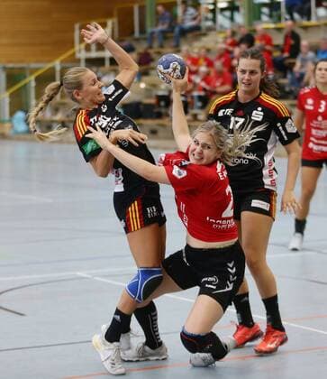 Ludwigsburg Lotto Cup final HSG Bad Wildungen Vipers red vs HSG Bensheim Auerbach black from left Bogna Sobiech Bensheim Annika Ingenpass Wildungen Lisa Friedberger Bensheim
