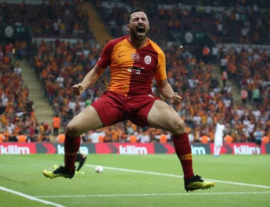 Sinan Gumus of Galatasaray during the Turkish Superlig match between Galatasaray and Alanyaspor at Turk Telekom Stadium in Istanbul , Turkey on August 27 , 2018. Final Score : Galatasaray 6 - Alanyaspor 0 