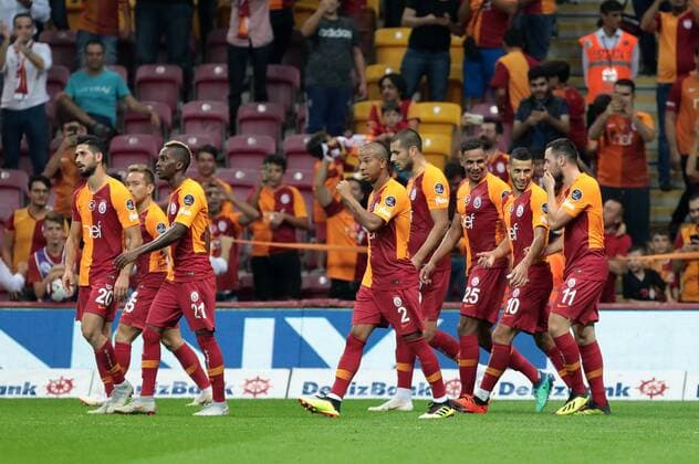Galatasaray players celebrates for Fernando s goal during the Turkish Superlig match between Galatasaray and Alanyaspor at Turk Telekom Stadium in Istanbul , Turkey on August 27 , 2018. Final Score : Galatasaray 6 - Alanyaspor 0 