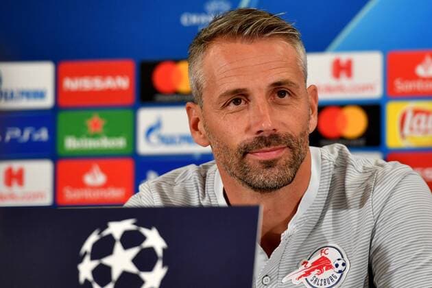 SOCCER - CL quali, RBS vs Belgrade SALZBURG,AUSTRIA,28.AUG.18 - SOCCER - UEFA Champions League qualification play-off, Red Bull Salzburg vs FC Red Star Belgrade, press conference PK Pressekonferenz RBS, preview. Image shows head coach Marco Rose (RBS). GEPAxpictures xFlorianxErtl