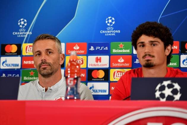 SOCCER - CL quali, RBS vs Belgrade SALZBURG,AUSTRIA,28.AUG.18 - SOCCER - UEFA Champions League qualification play-off, Red Bull Salzburg vs FC Red Star Belgrade, press conference PK Pressekonferenz RBS, preview. Image shows head coach Marco Rose and Andre Ramalho (RBS). GEPAxpictures xFlorianxErtl