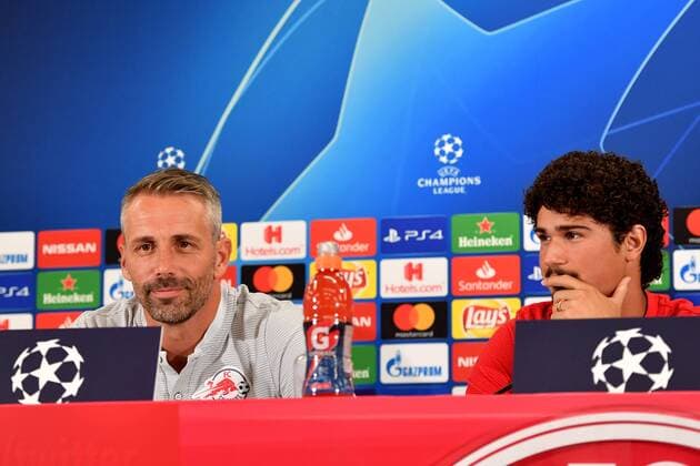 SOCCER - CL quali, RBS vs Belgrade SALZBURG,AUSTRIA,28.AUG.18 - SOCCER - UEFA Champions League qualification play-off, Red Bull Salzburg vs FC Red Star Belgrade, press conference PK Pressekonferenz RBS, preview. Image shows head coach Marco Rose and Andre Ramalho (RBS). GEPAxpictures xFlorianxErtl
