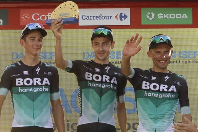 28-08-2018 Vuelta A Espana; Tappa 04 Velez Malaga - Alfacar; 2018, Bora - Hansgrohe; Formolo, Davide; Buchmann, Emanuel; Majka, Rafal; Alfacar; 