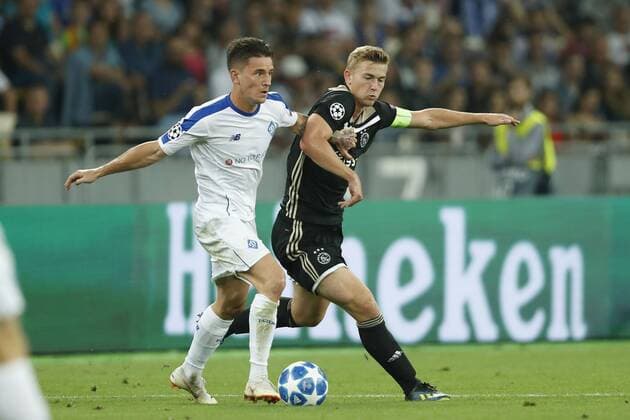 (L-R) Benjamin Verbic of Dynamo Kyiv, Matthijs de Ligt of Ajax during the UEFA Champions League play offs round second leg match between Dynamo Kyiv and Ajax Amsterdam at the NSK Olimpiyskyi on August 28, 2018 in Kyiv, Ukraine UEFA Champions League 2018 2019 xVIxVIxImagesx xMauricexvanxSteenxIVx 11923191
