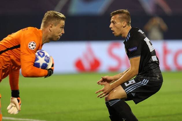 Zagreb, 28 08 2018 - Stadion Maksimir, UEFA Champions League - 2018 19, GNK Dinamo (blue) - BSC Young Boys (yellow) Mislav Orsic (99) vs David Von Ballmoos (GK-26) 