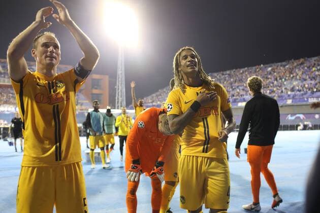 Zagreb, 28 08 2018 - Stadion Maksimir, UEFA Champions League - 2018 19, GNK Dinamo (blue) - BSC Young Boys (yellow) 1:2, Young Boys players celebrate the entry into Champions League 