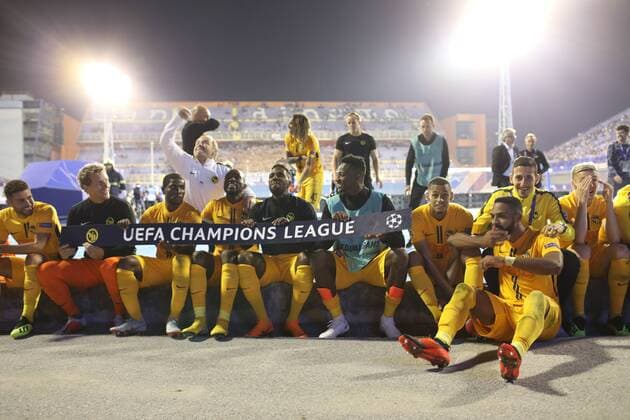 Zagreb, 28 08 2018 - Stadion Maksimir, UEFA Champions League - 2018 19, GNK Dinamo (blue) - BSC Young Boys (yellow) 1:2, Young Boys players celebrate the entry into Champions League 