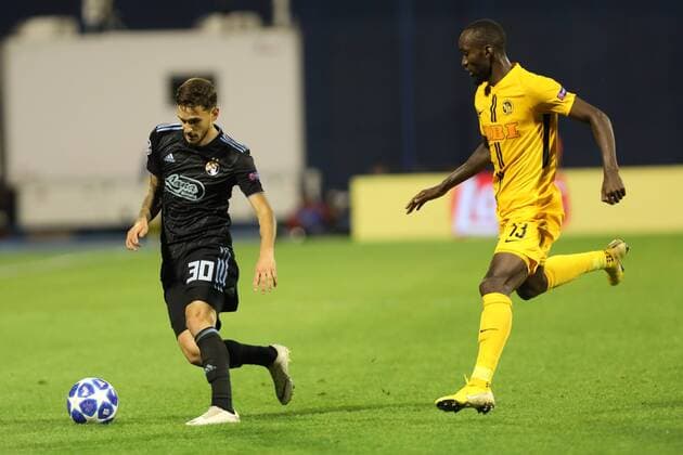 Zagreb, 28 08 2018 - Stadion Maksimir, UEFA Champions League - 2018 19, GNK Dinamo (blue) - BSC Young Boys (yellow) 1:2, Petar Stojanovic (30) vs Nicolas Moumi Ngamaleu (13) 