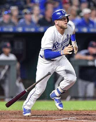 August 28, 2018 - Kansas City, MO, USA - The Kansas City Royals Hunter Dozier follows through on a two-run double in the third inning against the Detroit Tigers at Kauffman Stadium in Kansas City, Mo., on Tuesday, Aug. 28, 2018. Detroit at Kansas City - ZUMAm67_ 20180828_zaf_m67_031 Copyright: xJohnxSleezerx
