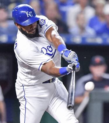 August 28, 2018 - Kansas City, MO, USA - The Kansas City Royals Jorge Bonifacio connects on a sacrifice fly to score Whit Merrifield in the third inning against the Detroit Tigers at Kauffman Stadium in Kansas City, Mo., on Tuesday, Aug. 28, 2018. Detroit at Kansas City - ZUMAm67_ 20180828_zaf_m67_034 Copyright: xJohnxSleezerx