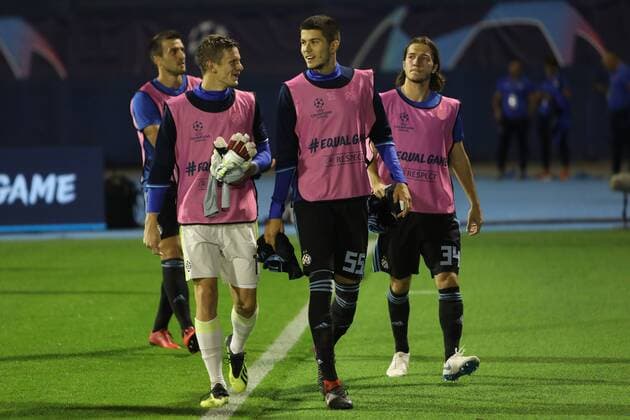 Zagreb, 28 08 2018 - Stadion Maksimir, UEFA Champions League - 2018 19, GNK Dinamo (blue) - BSC Young Boys (yellow) Dinko Horkas (GK-12), Dino Peric (55) and Ivan Sunjic (34) 